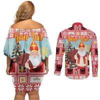 Personalized Germany Frohe Weihnachten Couples Matching Off Shoulder Short Dress and Long Sleeve Button Shirt Cute Saint Nicholas With Christmas Tree - Wonder Print Shop