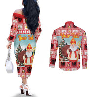 Personalized Germany Frohe Weihnachten Couples Matching Off The Shoulder Long Sleeve Dress and Long Sleeve Button Shirt Cute Saint Nicholas With Christmas Tree