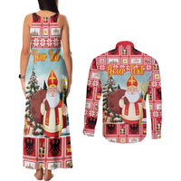 Personalized Germany Frohe Weihnachten Couples Matching Tank Maxi Dress and Long Sleeve Button Shirt Cute Saint Nicholas With Christmas Tree - Wonder Print Shop