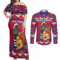 Personalized Haiti Jwaye Nowel Couples Matching Off Shoulder Maxi Dress and Long Sleeve Button Shirt Hispaniolan Trogon With Hibiscus Flowers - Wonder Print Shop