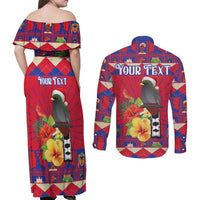 Personalized Haiti Jwaye Nowel Couples Matching Off Shoulder Maxi Dress and Long Sleeve Button Shirt Hispaniolan Trogon With Hibiscus Flowers - Wonder Print Shop