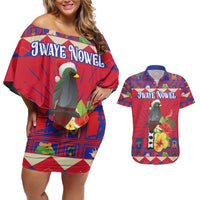 Personalized Haiti Jwaye Nowel Couples Matching Off Shoulder Short Dress and Hawaiian Shirt Hispaniolan Trogon With Hibiscus Flowers - Wonder Print Shop