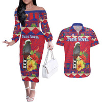 Personalized Haiti Jwaye Nowel Couples Matching Off The Shoulder Long Sleeve Dress and Hawaiian Shirt Hispaniolan Trogon With Hibiscus Flowers - Wonder Print Shop