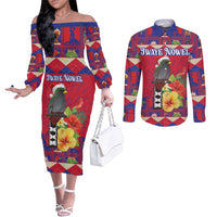 Personalized Haiti Jwaye Nowel Couples Matching Off The Shoulder Long Sleeve Dress and Long Sleeve Button Shirt Hispaniolan Trogon With Hibiscus Flowers