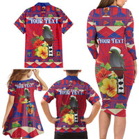 Personalized Haiti Jwaye Nowel Family Matching Long Sleeve Bodycon Dress and Hawaiian Shirt Hispaniolan Trogon With Hibiscus Flowers - Wonder Print Shop