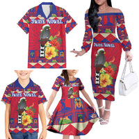 Personalized Haiti Jwaye Nowel Family Matching Off The Shoulder Long Sleeve Dress and Hawaiian Shirt Hispaniolan Trogon With Hibiscus Flowers - Wonder Print Shop