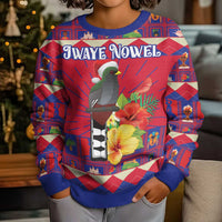Personalized Haiti Jwaye Nowel Kid Ugly Christmas Sweater Hispaniolan Trogon With Hibiscus Flowers - Wonder Print Shop