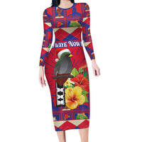 Personalized Haiti Jwaye Nowel Long Sleeve Bodycon Dress Hispaniolan Trogon With Hibiscus Flowers - Wonder Print Shop