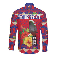 Personalized Haiti Jwaye Nowel Long Sleeve Button Shirt Hispaniolan Trogon With Hibiscus Flowers - Wonder Print Shop