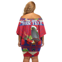 Personalized Haiti Jwaye Nowel Off Shoulder Short Dress Hispaniolan Trogon With Hibiscus Flowers - Wonder Print Shop