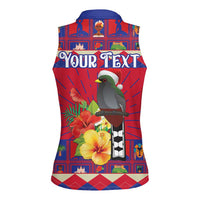 Personalized Haiti Jwaye Nowel Women Sleeveless Polo Shirt Hispaniolan Trogon With Hibiscus Flowers - Wonder Print Shop