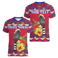 Personalized Haiti Jwaye Nowel Women V-Neck T-Shirt Hispaniolan Trogon With Hibiscus Flowers - Wonder Print Shop