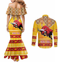 Spain Christmas Couples Matching Mermaid Dress and Long Sleeve Button Shirt Noble Bull With Sagrada Família