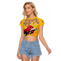 Spain Christmas Raglan Cropped T Shirt Noble Bull With Sagrada Famlia - Wonder Print Shop