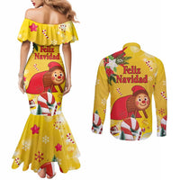Spain Tió de Nadal Christmas Couples Matching Mermaid Dress and Long Sleeve Button Shirt Traditional Christmas Log Yellow Version