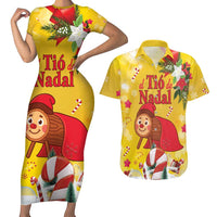 Spain Tio de Nadal Christmas Couples Matching Short Sleeve Bodycon Dress and Hawaiian Shirt Traditional Christmas Log Yellow Version - Wonder Print Shop