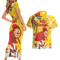 Spain Tio de Nadal Christmas Couples Matching Short Sleeve Bodycon Dress and Hawaiian Shirt Traditional Christmas Log Yellow Version - Wonder Print Shop