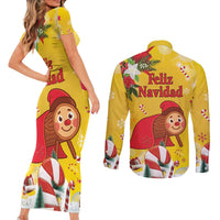 Spain Tio de Nadal Christmas Couples Matching Short Sleeve Bodycon Dress and Long Sleeve Button Shirt Traditional Christmas Log Yellow Version - Wonder Print Shop