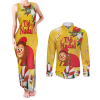 Spain Tio de Nadal Christmas Couples Matching Tank Maxi Dress and Long Sleeve Button Shirt Traditional Christmas Log Yellow Version - Wonder Print Shop