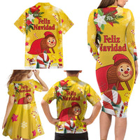 Spain Tio de Nadal Christmas Family Matching Long Sleeve Bodycon Dress and Hawaiian Shirt Traditional Christmas Log Yellow Version - Wonder Print Shop