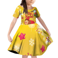 Spain Tio de Nadal Christmas Family Matching Off Shoulder Short Dress and Hawaiian Shirt Traditional Christmas Log Yellow Version - Wonder Print Shop