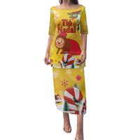 Spain Tio de Nadal Christmas Family Matching Puletasi and Hawaiian Shirt Traditional Christmas Log Yellow Version - Wonder Print Shop