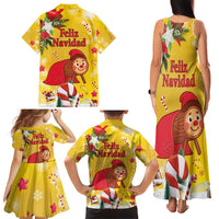 Spain Tio de Nadal Christmas Family Matching Tank Maxi Dress and Hawaiian Shirt Traditional Christmas Log Yellow Version - Wonder Print Shop