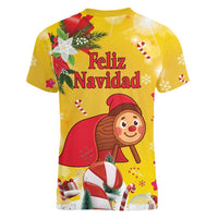 Spain Tio de Nadal Christmas Women V-Neck T-Shirt Traditional Christmas Log Yellow Version - Wonder Print Shop