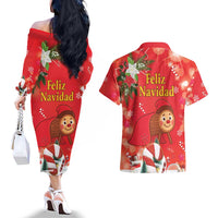Spain Tio de Nadal Christmas Couples Matching Off The Shoulder Long Sleeve Dress and Hawaiian Shirt Traditional Christmas Log Red Version - Wonder Print Shop