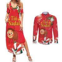 Spain Tio de Nadal Christmas Couples Matching Summer Maxi Dress and Long Sleeve Button Shirt Traditional Christmas Log Red Version - Wonder Print Shop