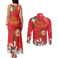 Spain Tio de Nadal Christmas Couples Matching Tank Maxi Dress and Long Sleeve Button Shirt Traditional Christmas Log Red Version - Wonder Print Shop