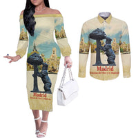 Spain El Oso y el Madrono Couples Matching Off The Shoulder Long Sleeve Dress and Long Sleeve Button Shirt Madrid City Watercolor