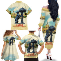Spain El Oso y el Madrono Family Matching Off The Shoulder Long Sleeve Dress and Hawaiian Shirt Madrid City Watercolor - Wonder Print Shop