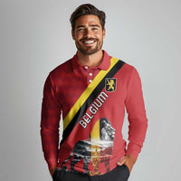 Personalized Belgium Long Sleeve Polo Shirt Lion Rampant With Belgium Flag Colors - Wonder Print Shop