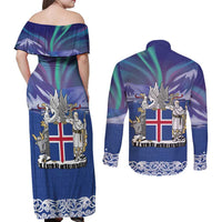 Iceland Couples Matching Off Shoulder Maxi Dress and Long Sleeve Button Shirt Icelandic Landscape Northern Lights