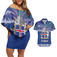 Iceland Couples Matching Off Shoulder Short Dress and Hawaiian Shirt Icelandic Landscape Northern Lights