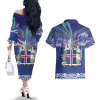 Iceland Couples Matching Off The Shoulder Long Sleeve Dress and Hawaiian Shirt Icelandic Landscape Northern Lights