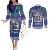 Iceland Couples Matching Off The Shoulder Long Sleeve Dress and Long Sleeve Button Shirt Icelandic Landscape Northern Lights