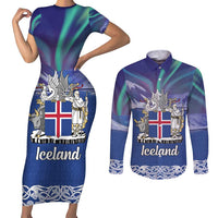 Iceland Couples Matching Short Sleeve Bodycon Dress and Long Sleeve Button Shirt Icelandic Landscape Northern Lights