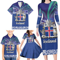 Iceland Family Matching Long Sleeve Bodycon Dress and Hawaiian Shirt Icelandic Landscape Northern Lights