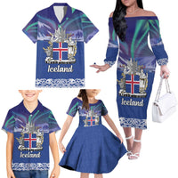 Iceland Family Matching Off The Shoulder Long Sleeve Dress and Hawaiian Shirt Icelandic Landscape Northern Lights