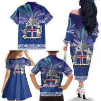 Iceland Family Matching Off The Shoulder Long Sleeve Dress and Hawaiian Shirt Icelandic Landscape Northern Lights