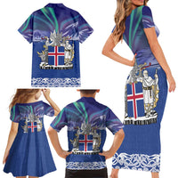Iceland Family Matching Short Sleeve Bodycon Dress and Hawaiian Shirt Icelandic Landscape Northern Lights