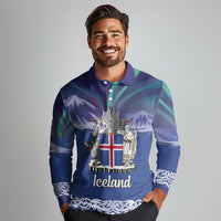 Iceland Long Sleeve Polo Shirt Icelandic Landscape Northern Lights