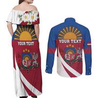 Personalized Latvia Couples Matching Off Shoulder Maxi Dress and Long Sleeve Button Shirt White Wagtail Dievs Sveti Latviju