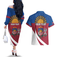 Personalized Latvia Couples Matching Off The Shoulder Long Sleeve Dress and Hawaiian Shirt White Wagtail Dievs Sveti Latviju