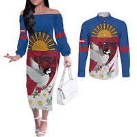 Personalized Latvia Couples Matching Off The Shoulder Long Sleeve Dress and Long Sleeve Button Shirt White Wagtail Dievs Sveti Latviju