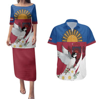 Personalized Latvia Couples Matching Puletasi and Hawaiian Shirt White Wagtail Dievs Sveti Latviju