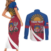 Personalized Latvia Couples Matching Short Sleeve Bodycon Dress and Long Sleeve Button Shirt White Wagtail Dievs Sveti Latviju