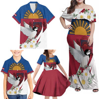 Personalized Latvia Family Matching Off Shoulder Maxi Dress and Hawaiian Shirt White Wagtail Dievs Sveti Latviju